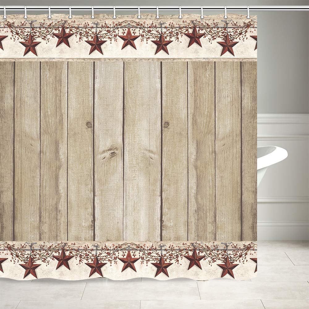 Western Texas Star Shower Curtain with Primitive Berries and Wood Plank Background