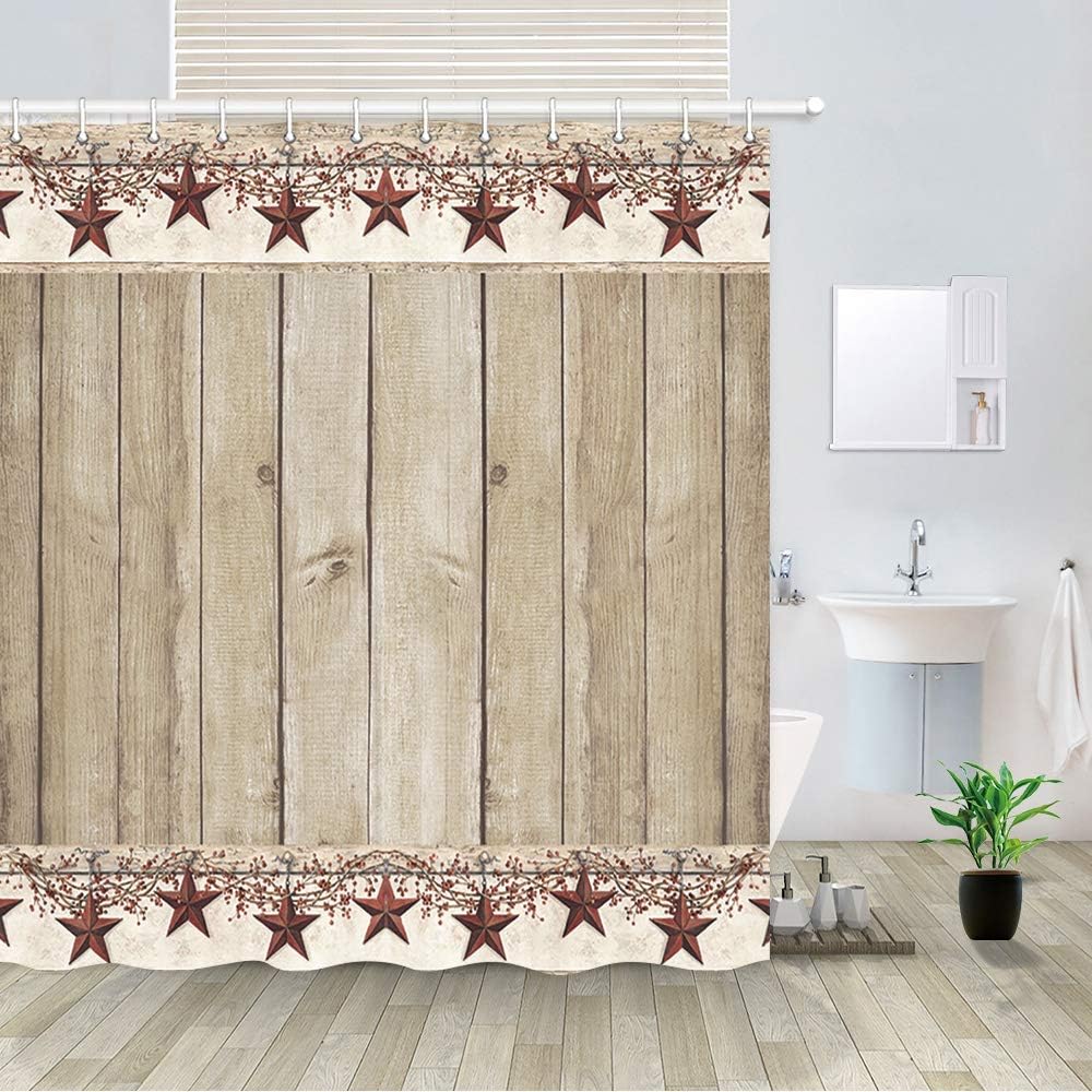 Western Texas Star Shower Curtain with Primitive Berries and Wood Plank Background