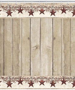 Western Texas Star Shower Curtain with Primitive Berries and Wood Plank Background