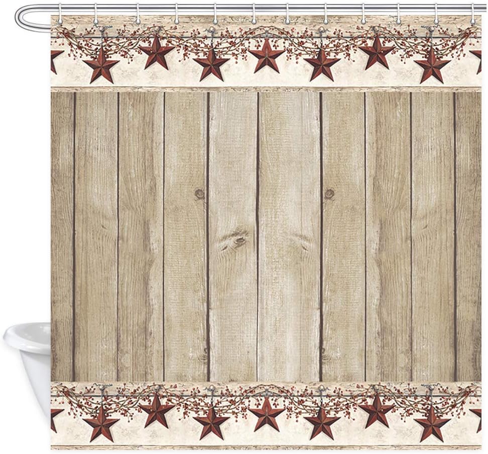 Western Texas Star Shower Curtain with Primitive Berries and Wood Plank Background