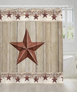 Western Texas Star Shower Curtain  with Primitive Berries and Wooden Plank Background
