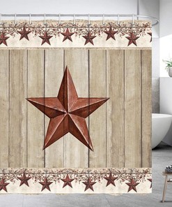 Western Texas Star Shower Curtain with Primitive Berries and Wooden Plank Background