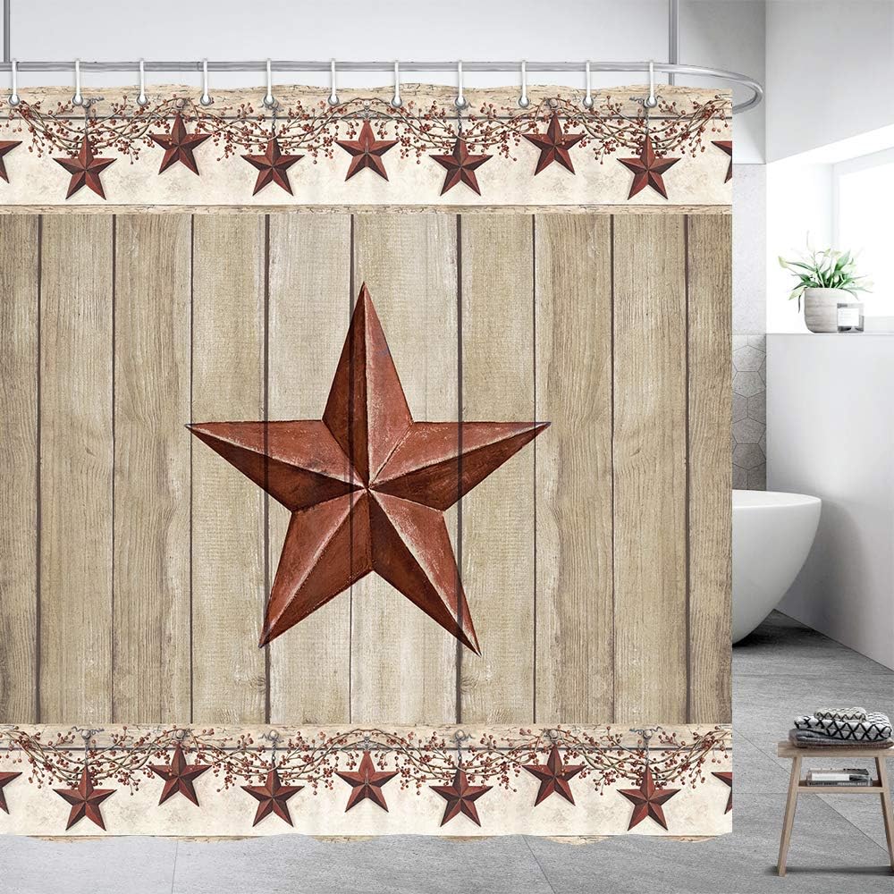 Western Texas Star Shower Curtain with Primitive Berries and Wooden Plank Background