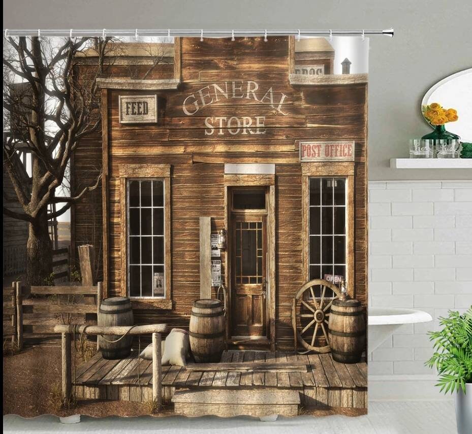 Western Town Cowboy Shower and Bath Curtain Set - Cowboy-Inspired Bathroom Decor