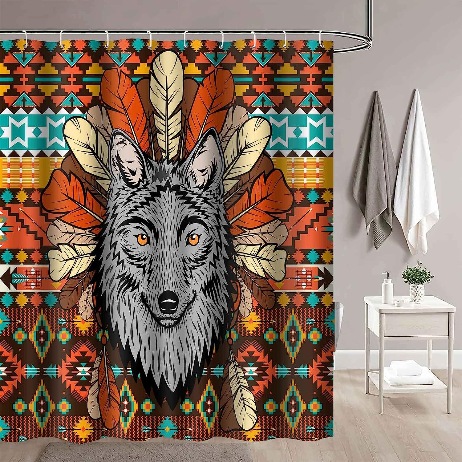Western Tribal Southwestern Boho Tribe Wolf Shower Curtain - Native American Bathroom Decor