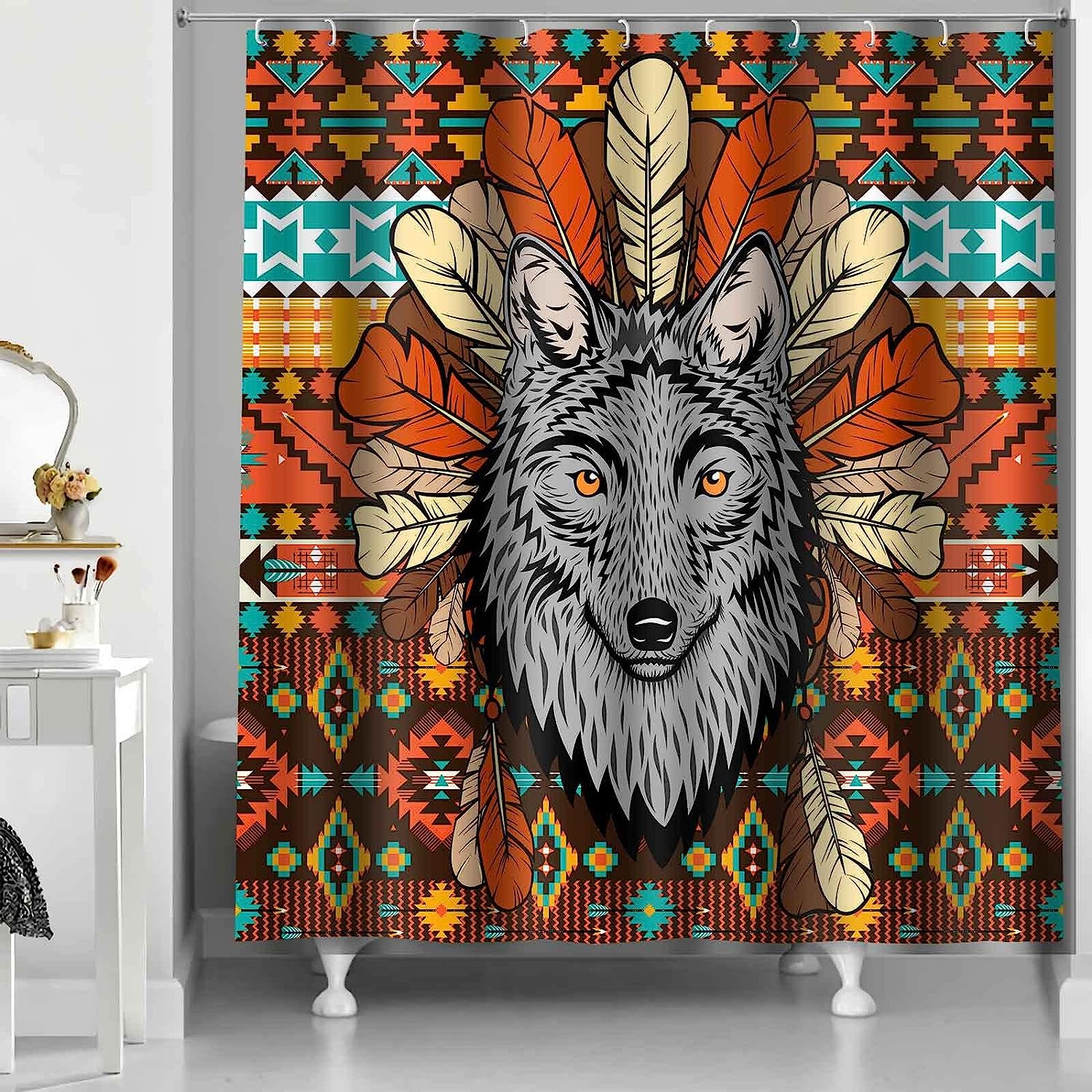 Western Tribal Southwestern Boho Tribe Wolf Shower Curtain - Native American Bathroom Decor