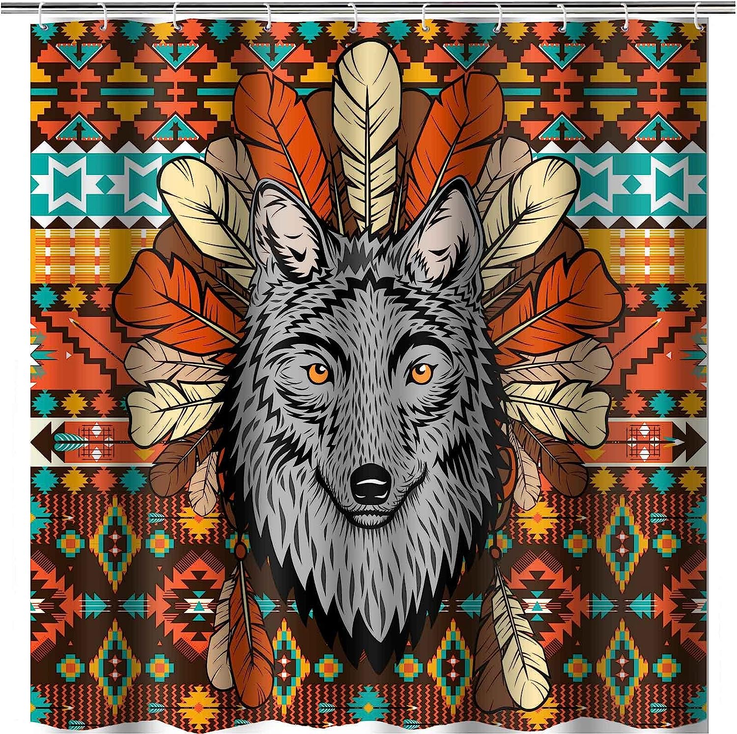 Western Tribal Southwestern Boho Tribe Wolf Shower Curtain - Native American Bathroom Decor