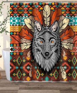 Western Tribal Southwestern Boho Tribe Wolf Shower Curtain - Native American Bathroom Decor