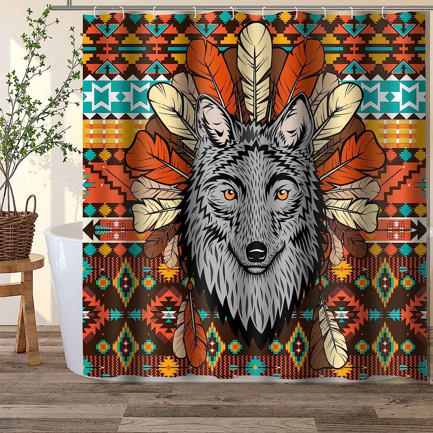 Western Tribal Southwestern Boho Tribe Wolf Shower Curtain - Native American Bathroom Decor