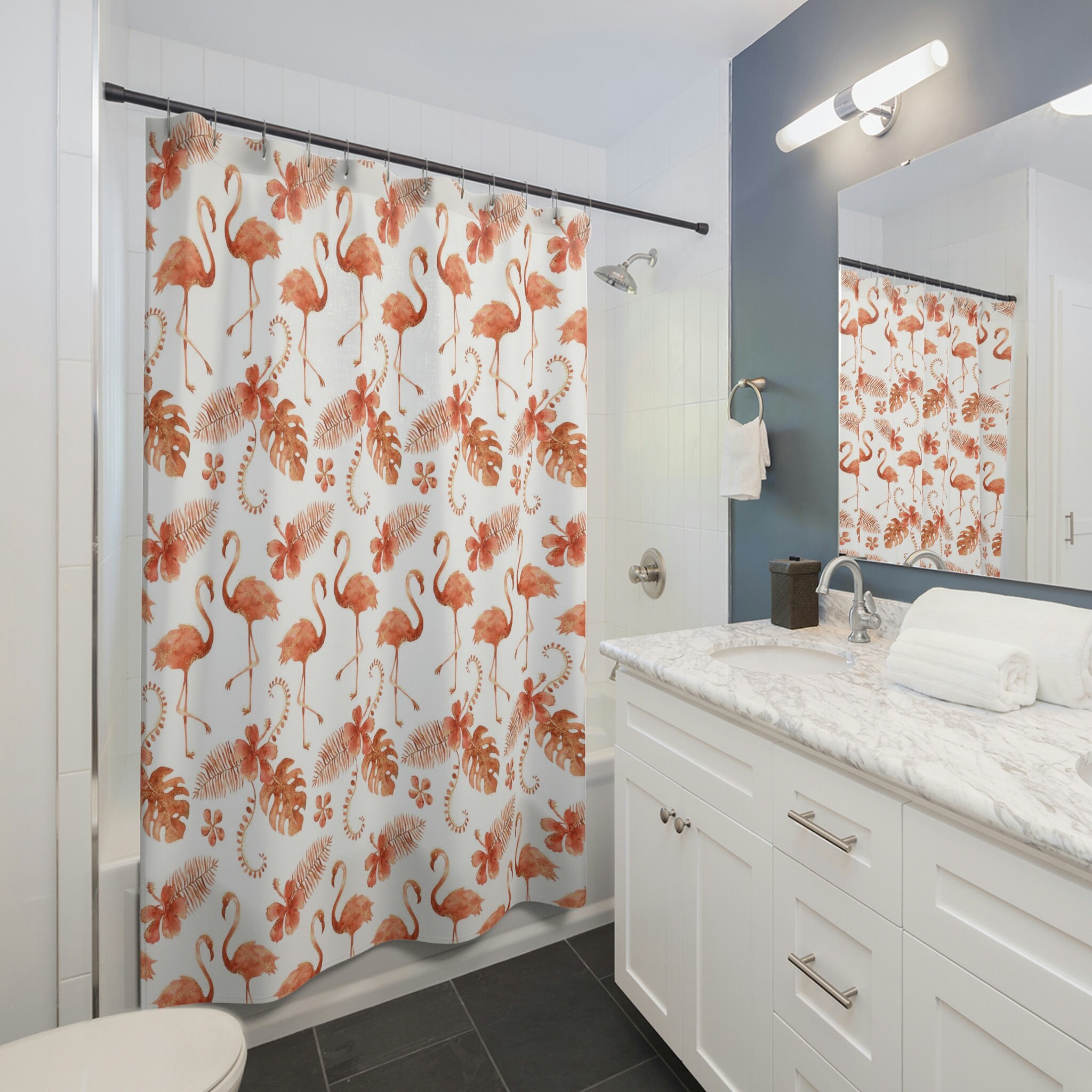 Western Tropical Flamingo Shower Curtain In Terracotta, Trendy Bathroom Accessory With Waterproof Fabric