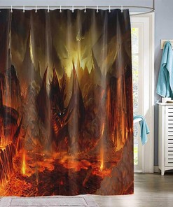 Western Volcano Myth Animal Red Dragon Shower Curtain for Medieval Fantasy Kids Dream Bathroom Decor