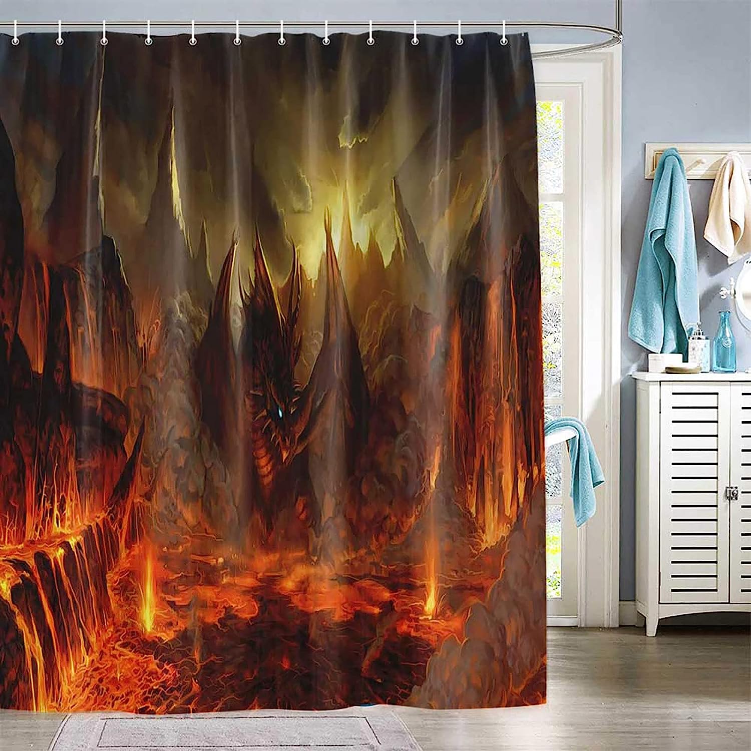 Western Volcano Myth Animal Red Dragon Shower Curtain for Medieval Fantasy Kids Dream Bathroom Decor