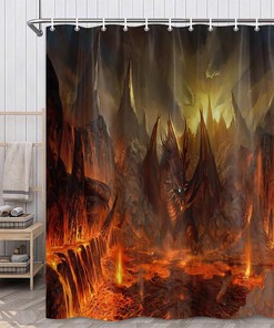 Western Volcano Myth Animal Red Dragon Shower Curtain for Medieval Fantasy Kids Dream Bathroom Decor