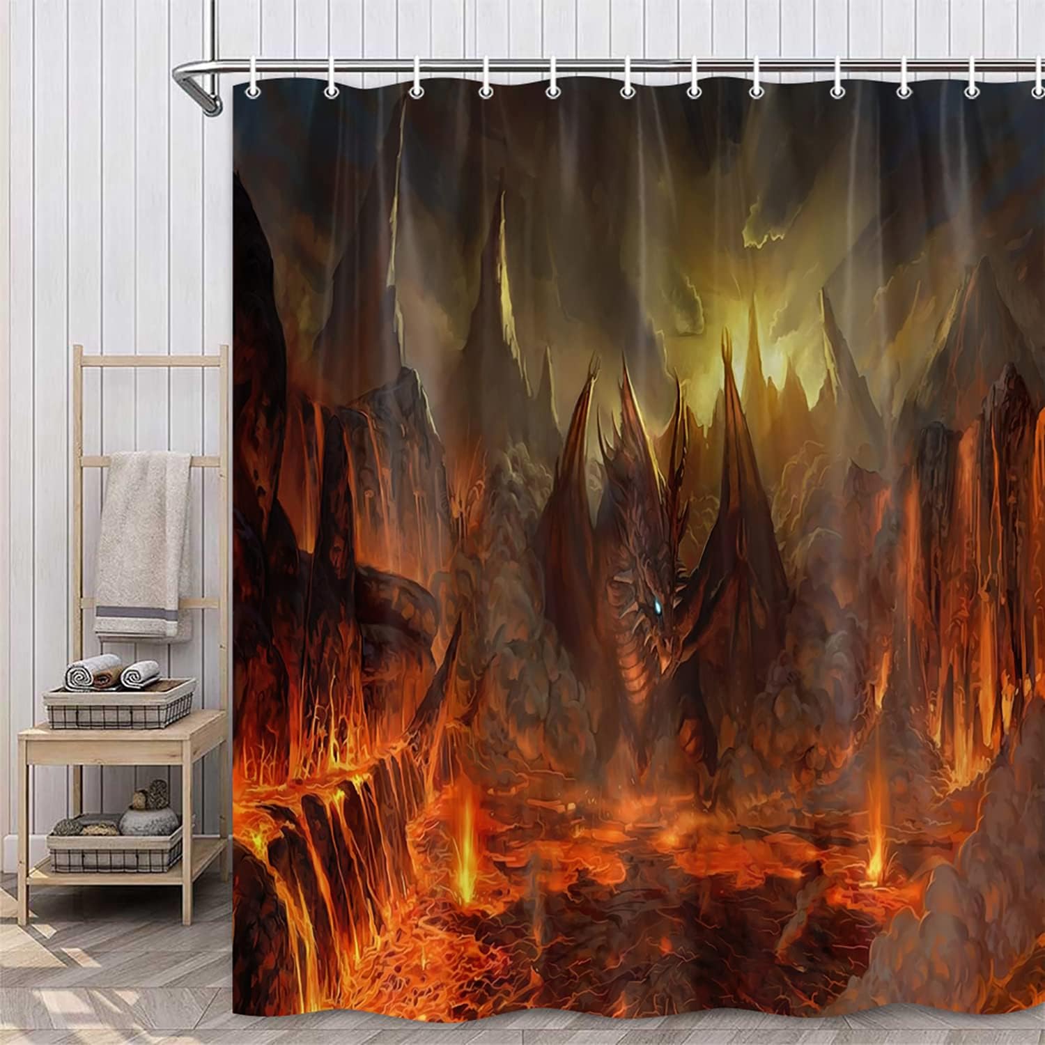 Western Volcano Myth Animal Red Dragon Shower Curtain for Medieval Fantasy Kids Dream Bathroom Decor