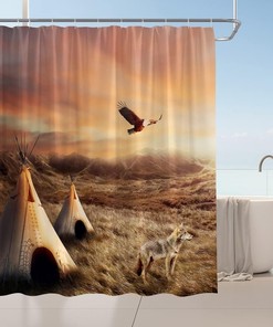 Western Wolf Print Shower Curtain with Native Tribes Theme for a rustic and waterproof bathroom decor