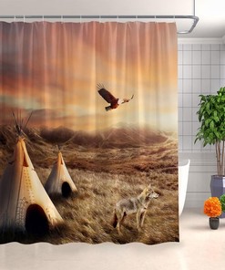 Western Wolf Print Shower Curtain with Native Tribes Theme for a rustic and waterproof bathroom decor