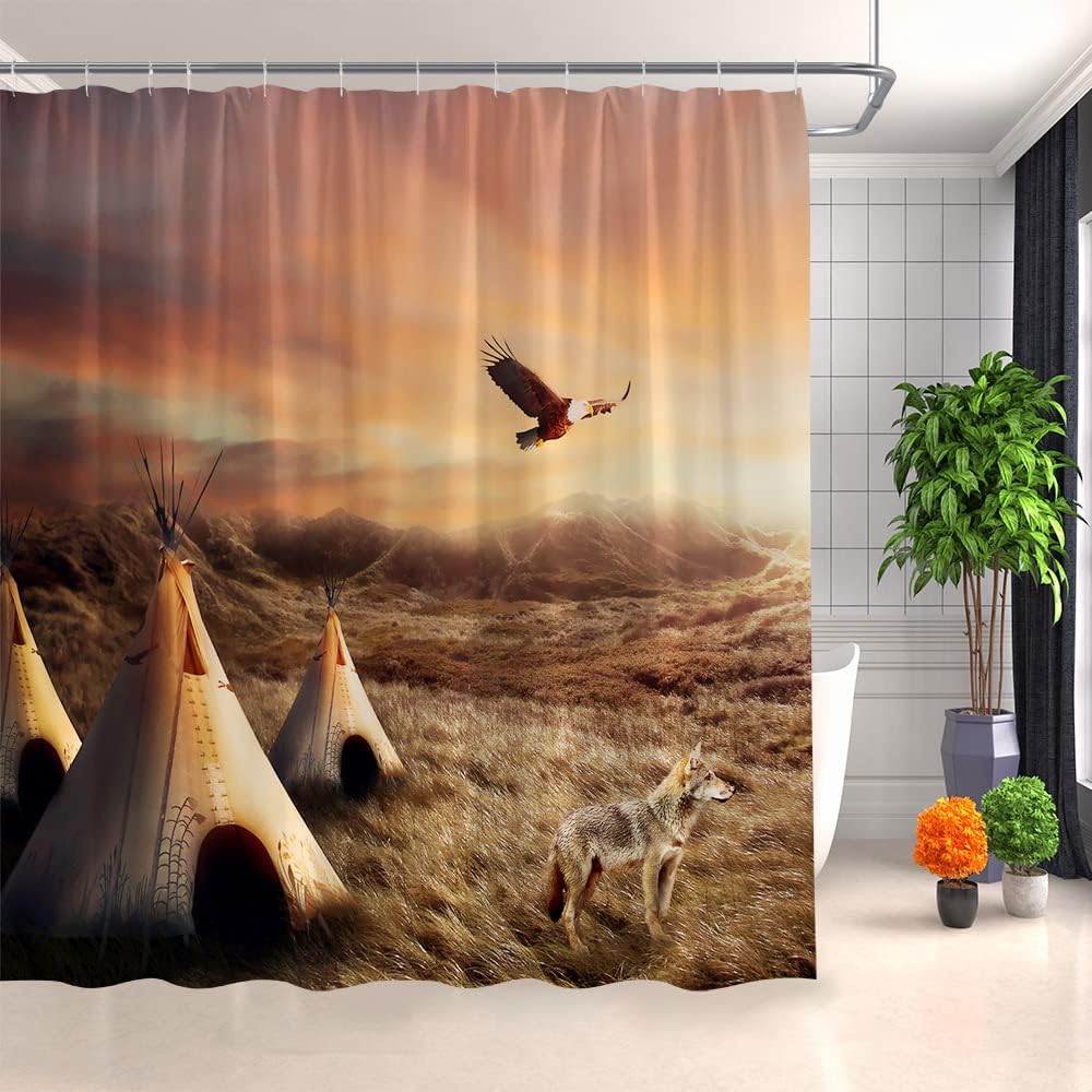 Western Wolf Print Shower Curtain with Native Tribes Theme for a rustic and waterproof bathroom decor