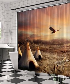 Western Wolf Print Shower Curtain with Native Tribes Theme for a rustic and waterproof bathroom decor