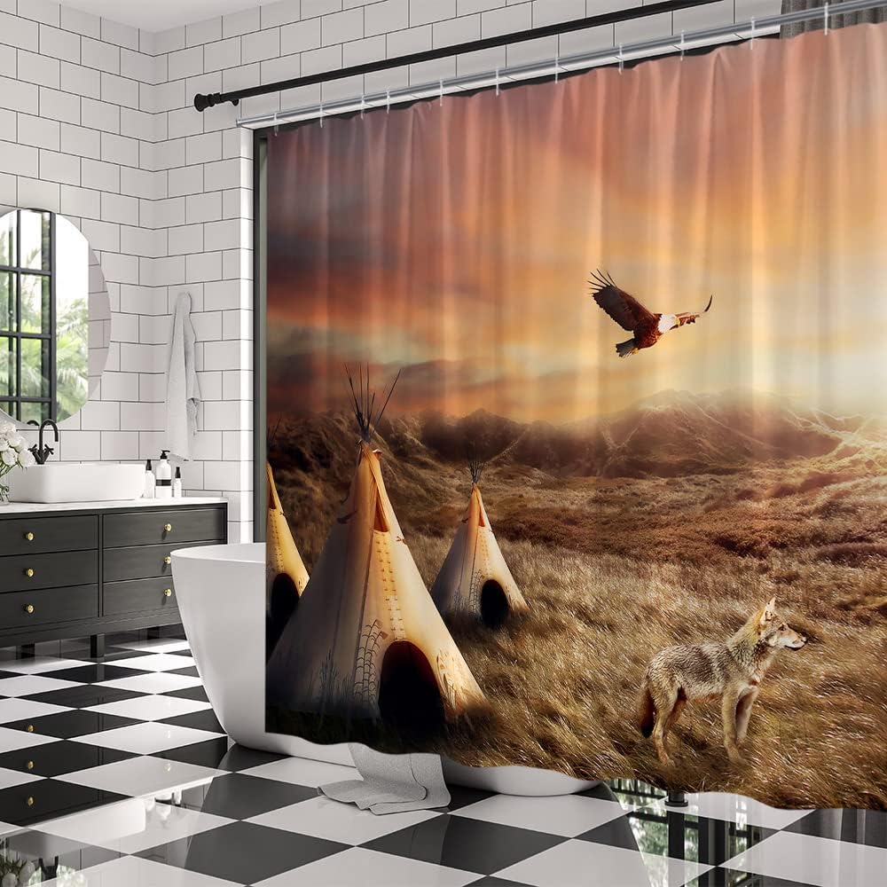 Western Wolf Print Shower Curtain with Native Tribes Theme for a rustic and waterproof bathroom decor