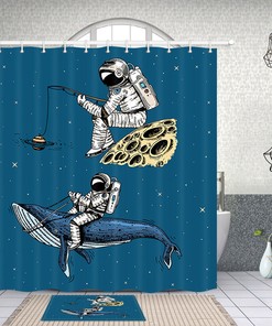 Whale And Astronaut Bathroom Shower Curtain, Creative Space Decor Fabric
