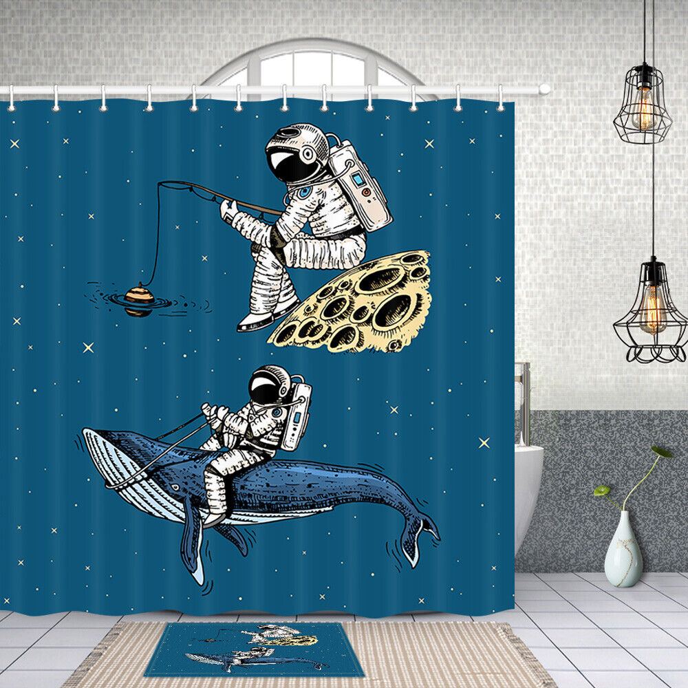 Whale And Astronaut Bathroom Shower Curtain, Creative Space Decor Fabric