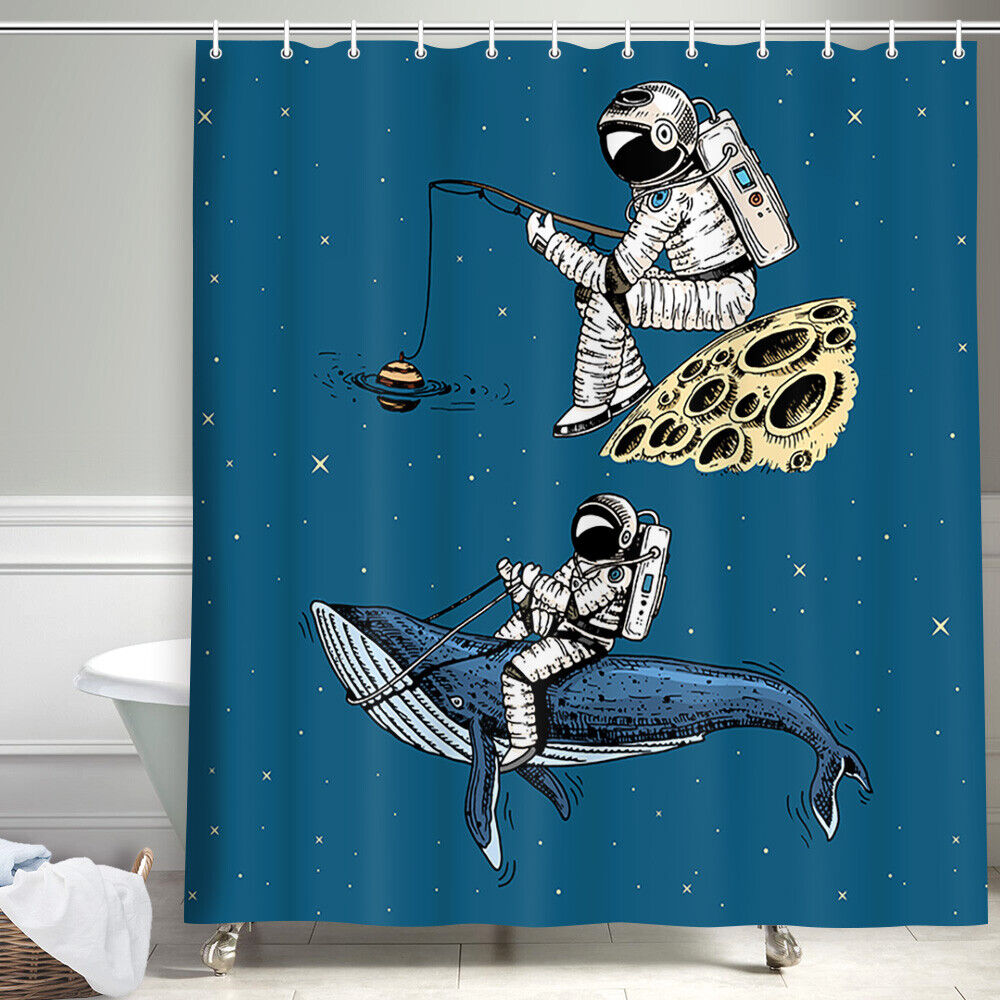 Whale And Astronaut Bathroom Shower Curtain, Creative Space Decor Fabric - Image 2