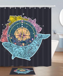 Whale And Compass Shower Curtain Fabric Bathroom Decor 