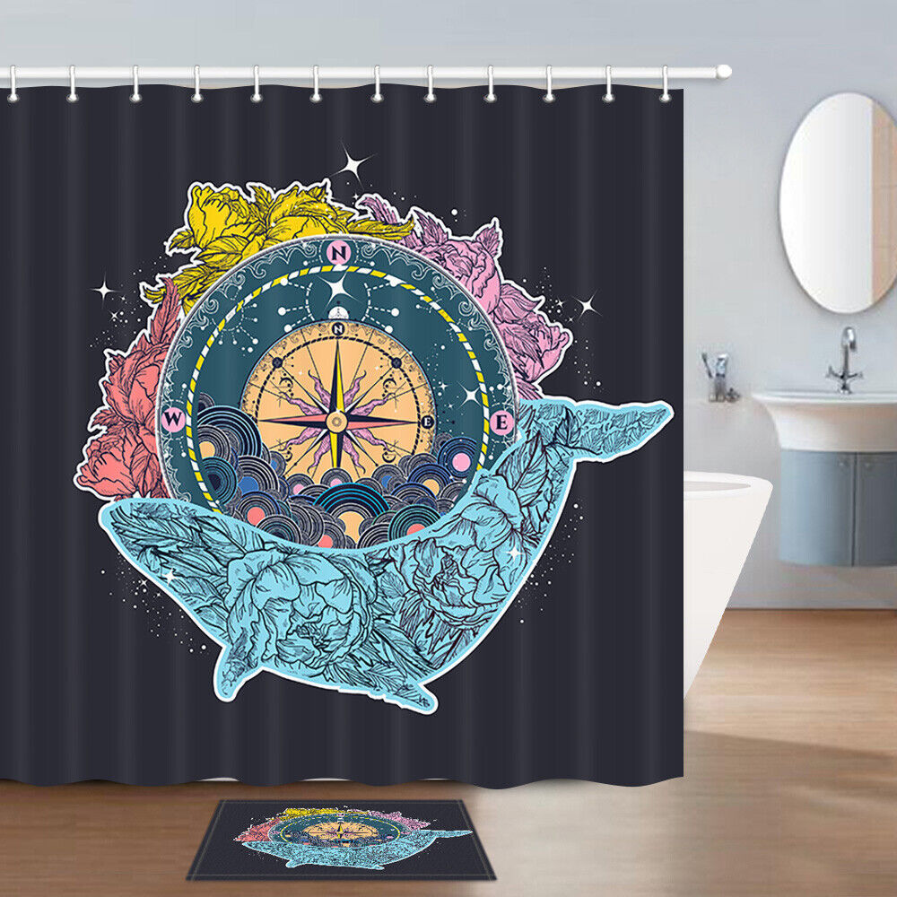 Whale And Compass Shower Curtain Fabric Bathroom Decor