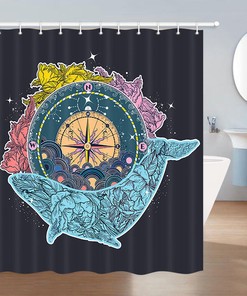 Whale And Compass Shower Curtain Fabric Bathroom Decor