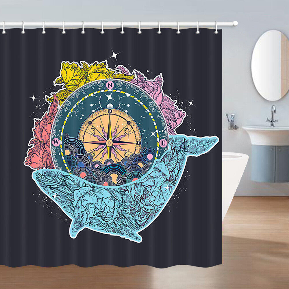 Whale And Compass Shower Curtain Fabric Bathroom Decor