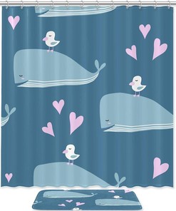 Whale Bird Blue Ocean Shower Curtain Mat for a Coastal Bathroom 