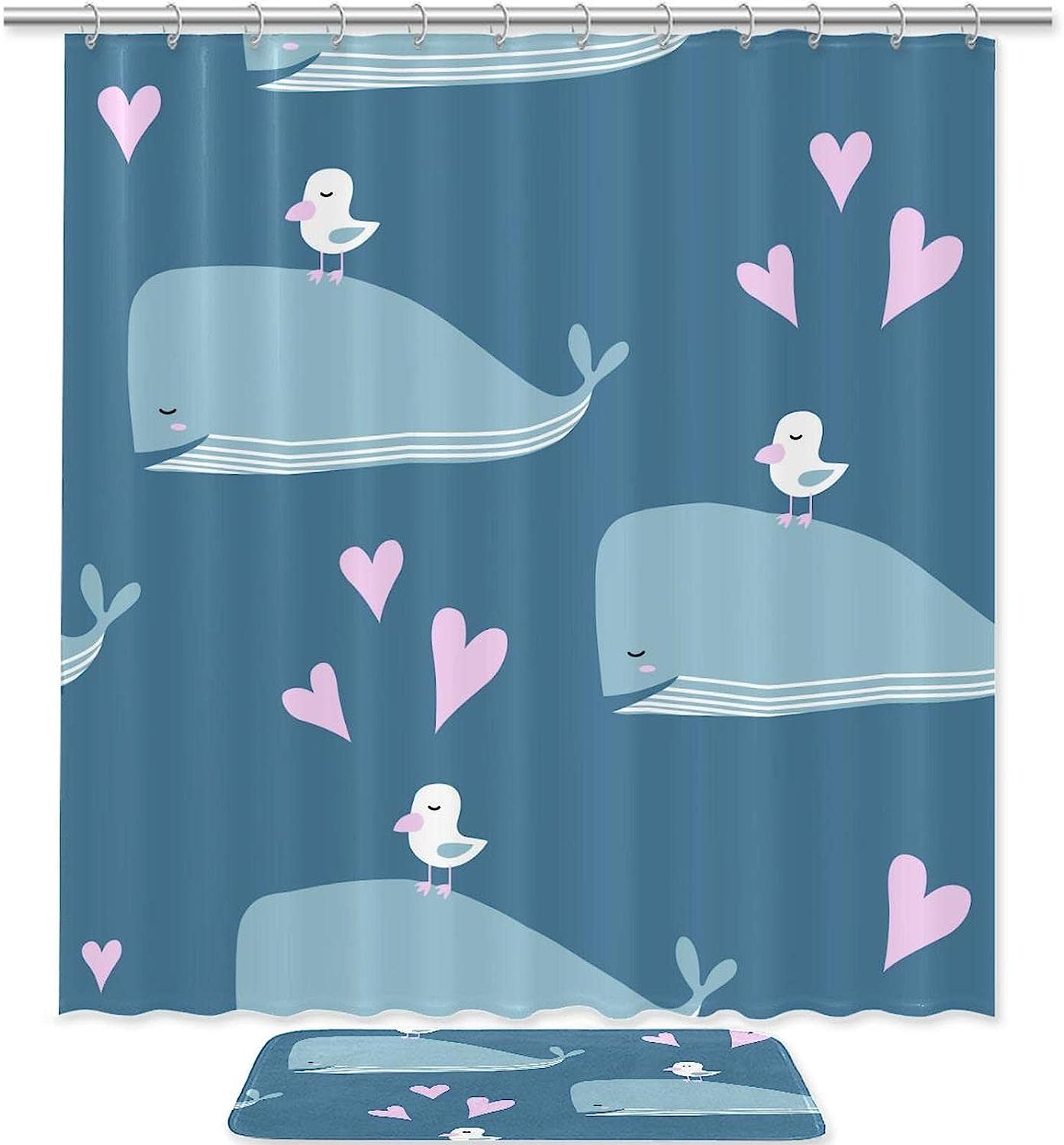 Whale Bird Blue Ocean Shower Curtain Mat for a Coastal Bathroom
