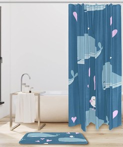 Whale Bird Blue Ocean Shower Curtain Mat for a Coastal Bathroom
