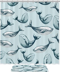 Whale Blue Shower Curtain with Fabric Material for Bathroom 