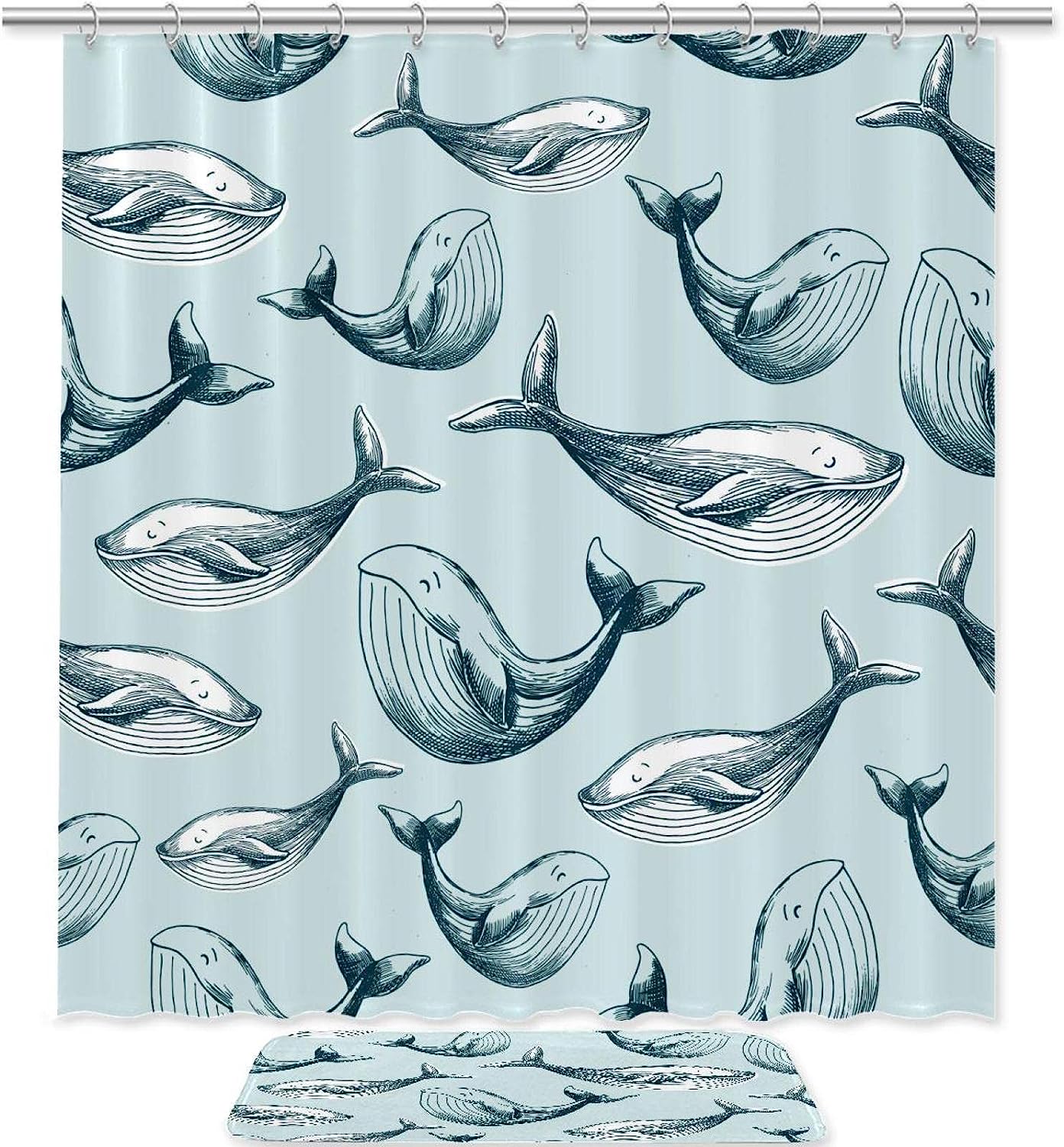 Whale Blue Shower Curtain with Fabric Material for Bathroom