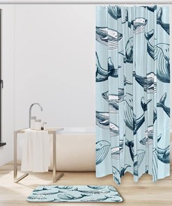 Whale Blue Shower Curtain with Fabric Material for Bathroom