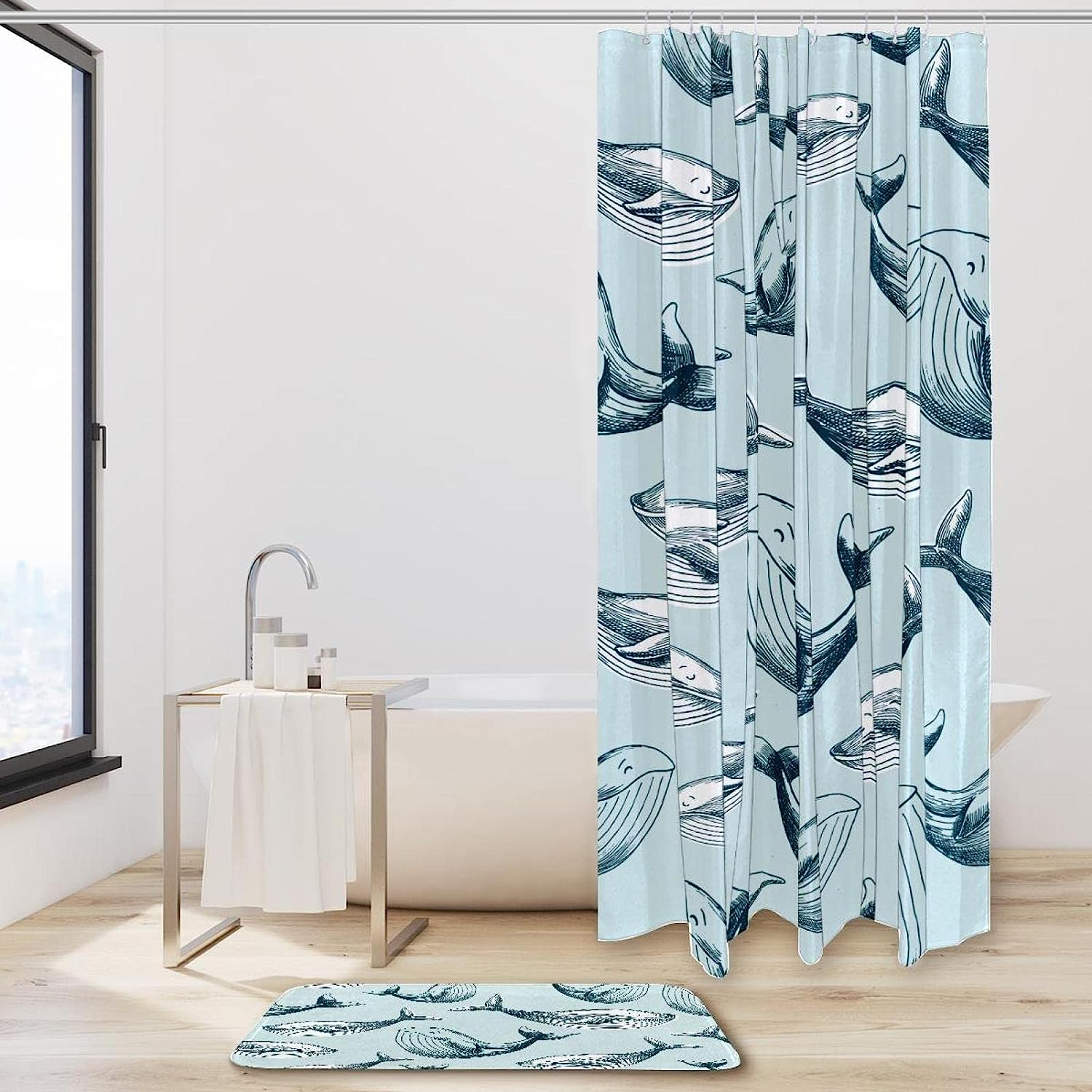 Whale Blue Shower Curtain with Fabric Material for Bathroom