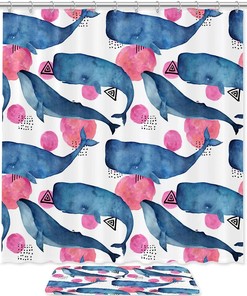 Whale Geometrical Elements Shower Curtain for Modern Bathroom Decor