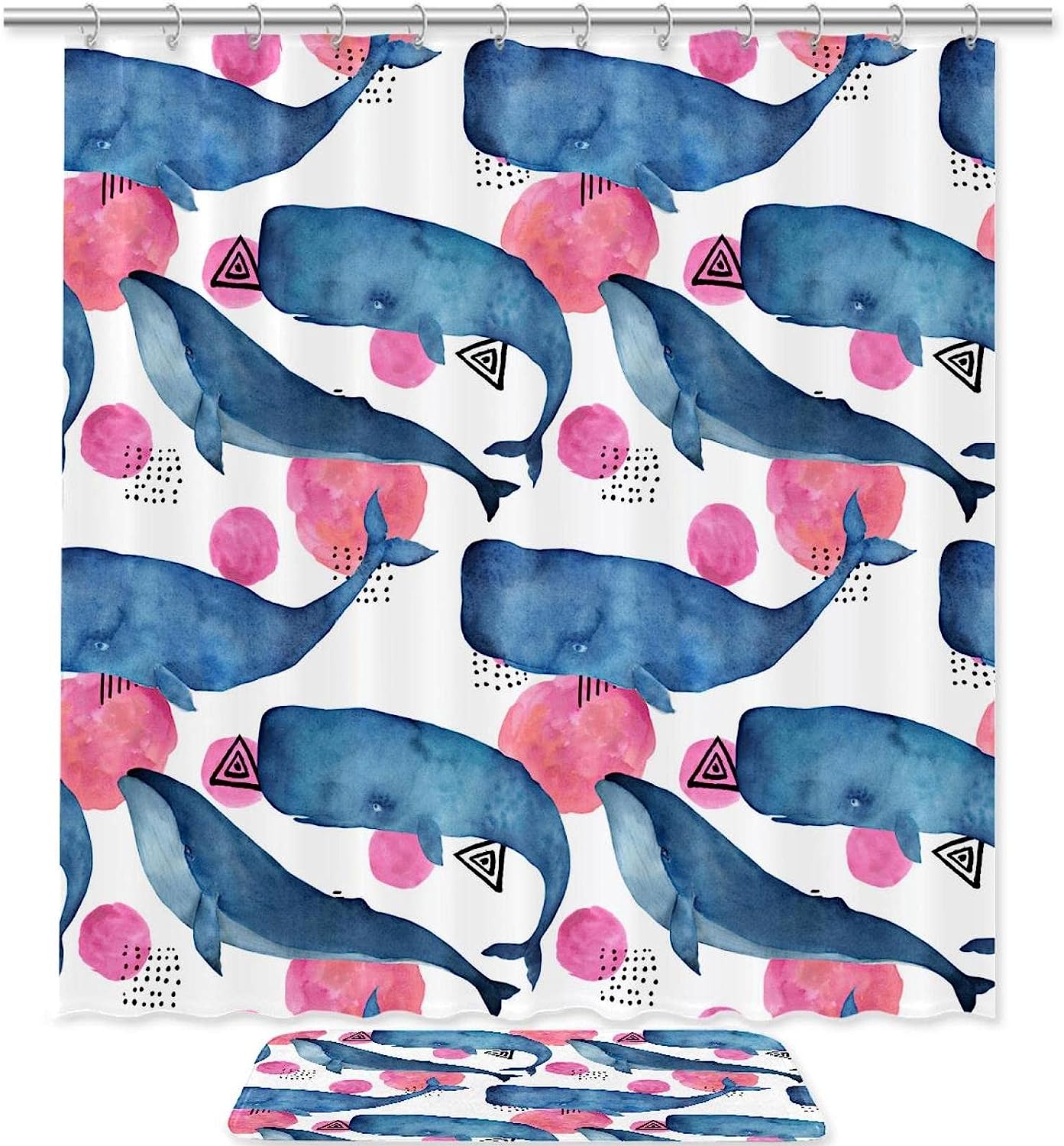 Whale Geometrical Elements Shower Curtain for Modern Bathroom Decor