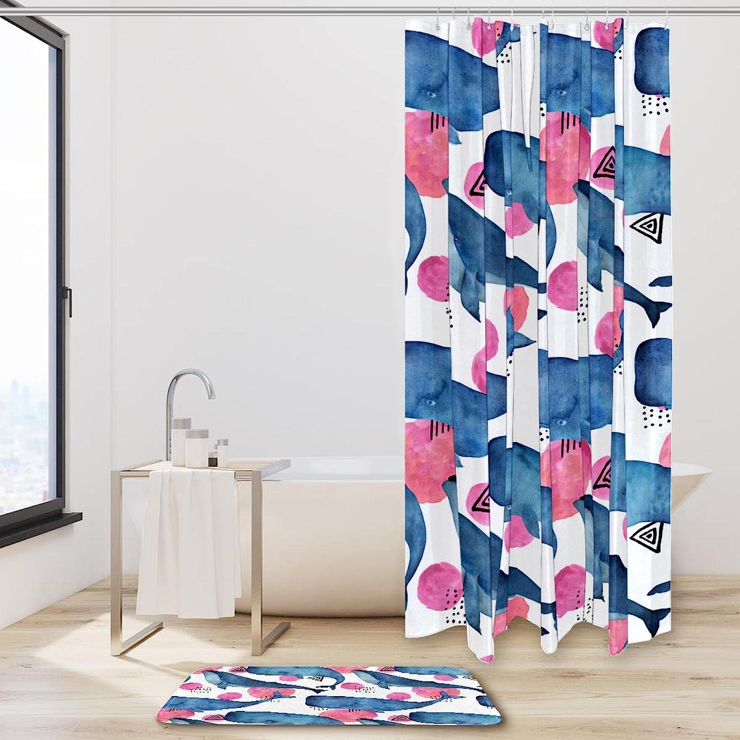 Whale Geometrical Elements Shower Curtain for Modern Bathroom Decor
