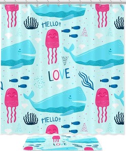 Whale Octopus Blue Waterproof Bathroom Curtain for Your Shower