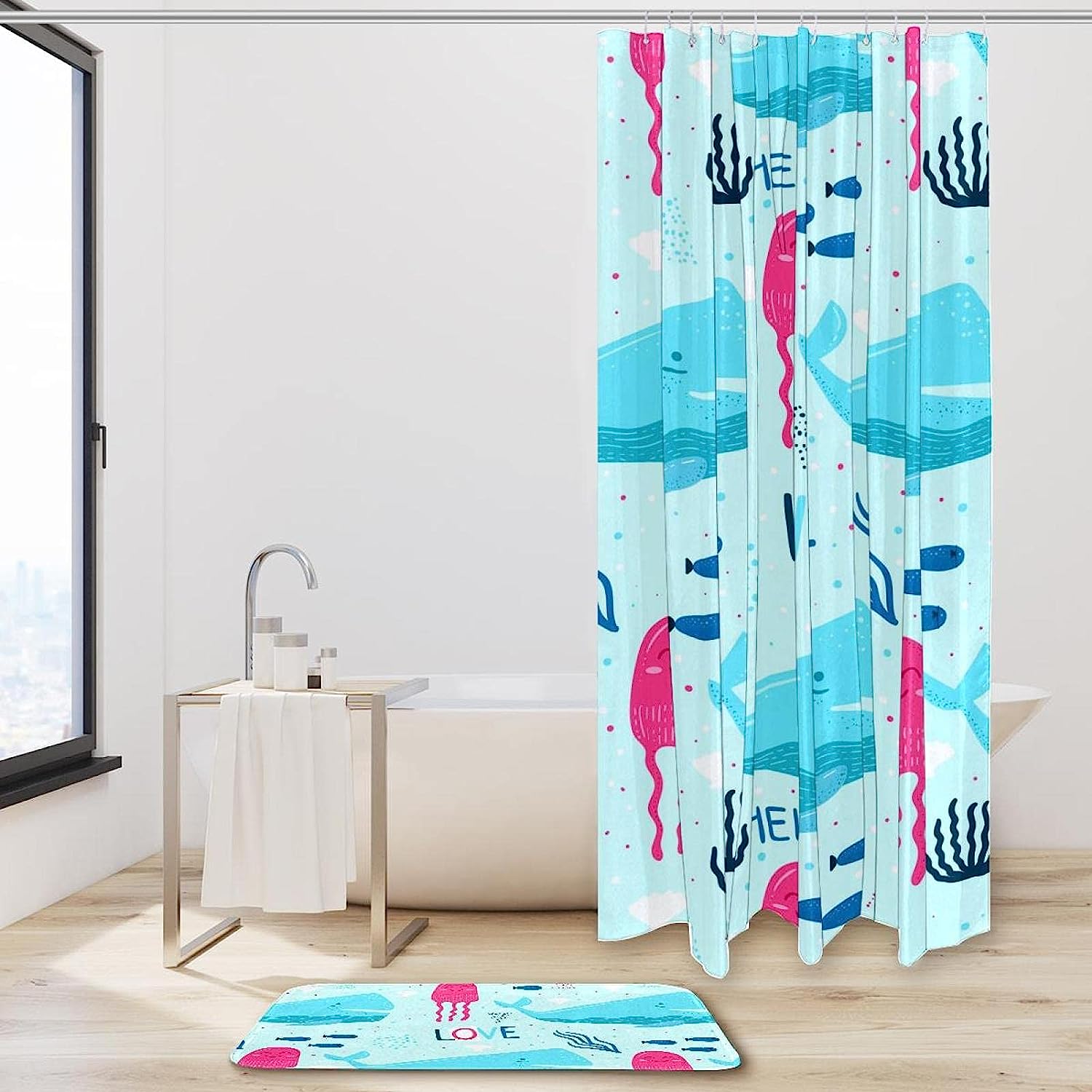 Whale Octopus Blue Waterproof Bathroom Curtain for Your Shower