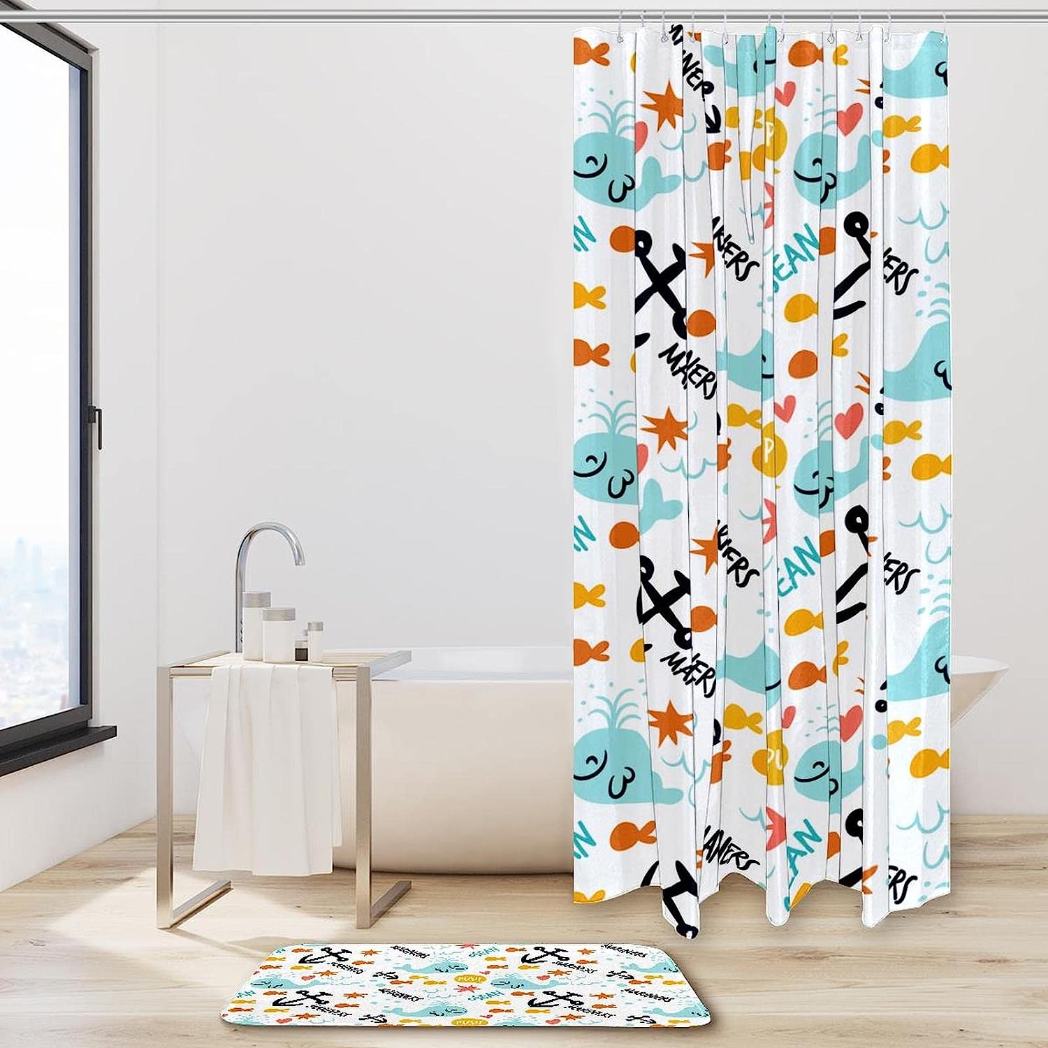 Whale Print Waterproof Colorful Shower Curtain For A Playful Bathroom Theme - Image 2