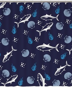 Whale Seashells Navy Blue Shower Curtain - Custom Durable Fabric