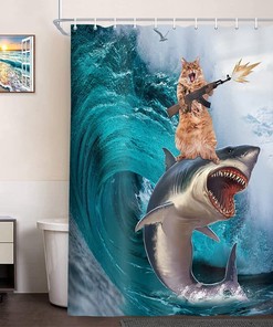 Whale Shark Bath Curtain - Hilarious Funny Cat Riding Waves On Ocean Shower Curtain