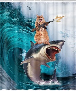 Whale Shark Bath Curtain - Hilarious Funny Cat Riding Waves On Ocean Shower Curtain
