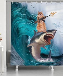 Whale Shark Bath Curtain - Hilarious Funny Cat Riding Waves On Ocean Shower Curtain