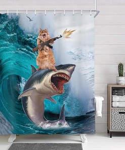 Whale Shark Bath Curtain - Hilarious Funny Cat Riding Waves On Ocean Shower Curtain