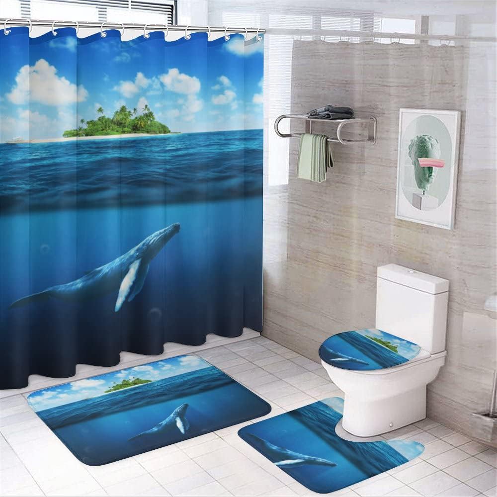 Whale Shark Island Adventure Shower Curtain, Waterproof Bathroom Decor by Vantaso