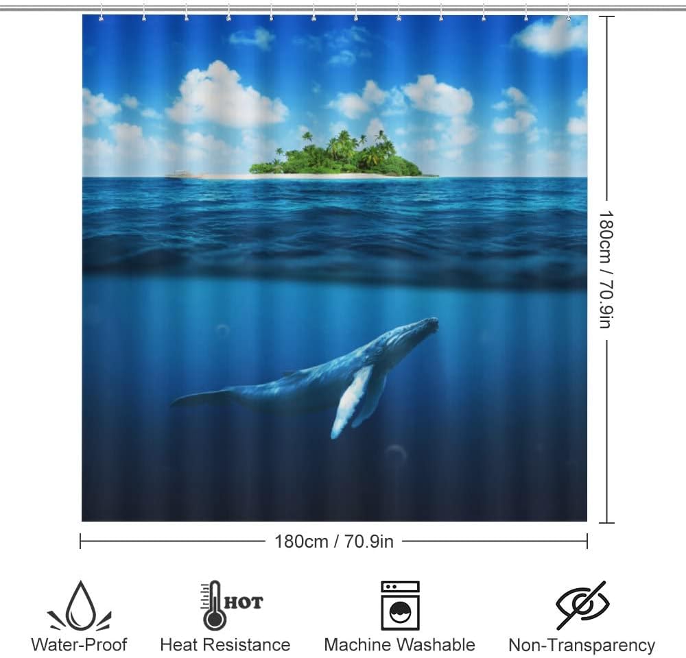 Whale Shark Island Adventure Shower Curtain, Waterproof Bathroom Decor by Vantaso
